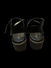 Load image into Gallery viewer, 6.5M/8W Black &amp; metallic silver strappy platform wedge sandals w/ adjustable ankle straps
