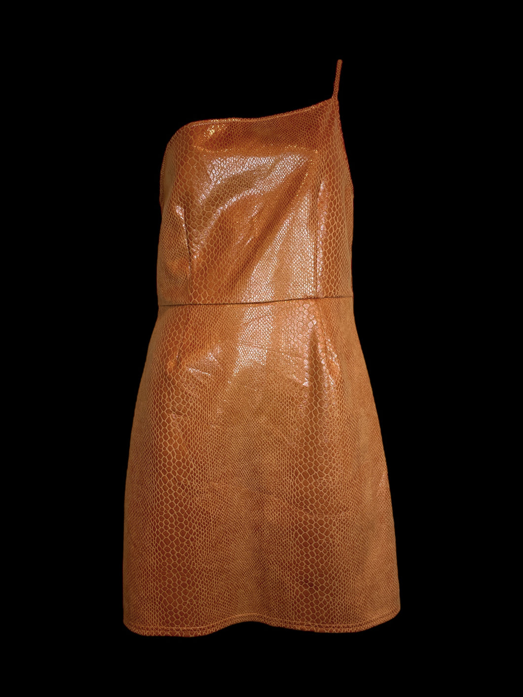 S Burnt orange snakeskin pattern one shoulder sleeveless bodycon dress w/ side clasp/zipper closure