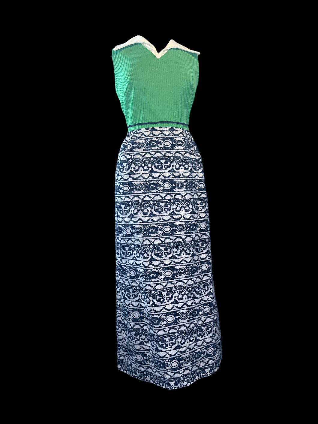 L Vintage 50s/60s Multicolor sleeveless maxi dress w/ green ribbed bust, white collar, dark blue pattern skirt, & back zipper closure