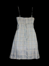 Load image into Gallery viewer, XS Vintage 60s black, white, &amp; yellow houndstooth plaid sleeveless square neckline dress w/ side hem slit, adjustable straps, &amp; zipper closure
