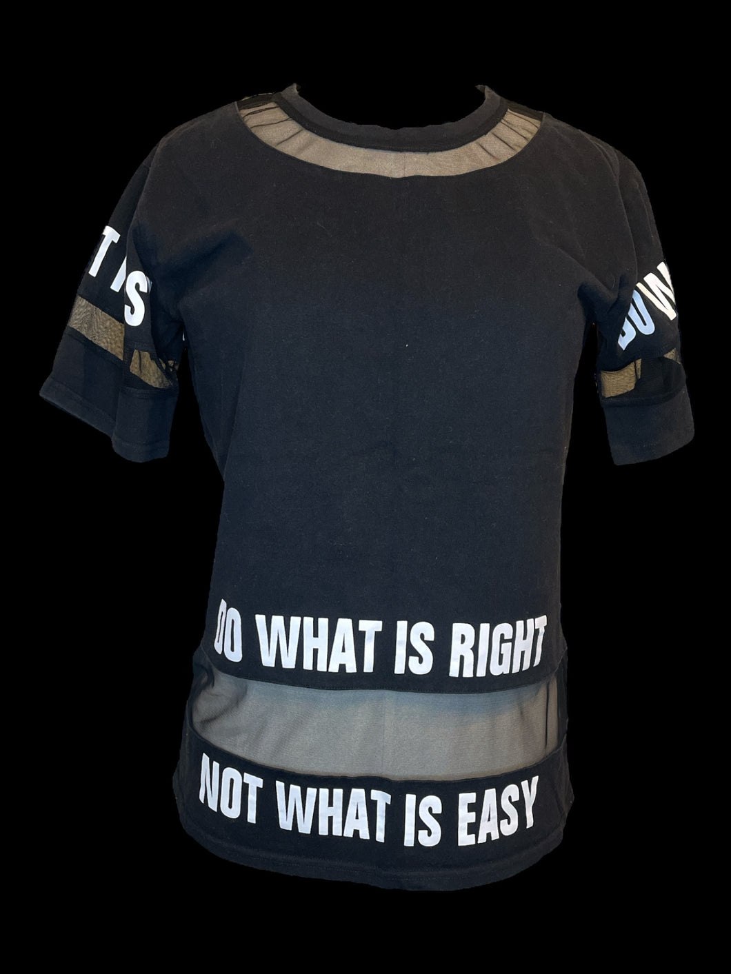 L Black & white short sleeve crew neck top w/ sheer mesh stripes, & “Do What is Right Not What is Easy” text