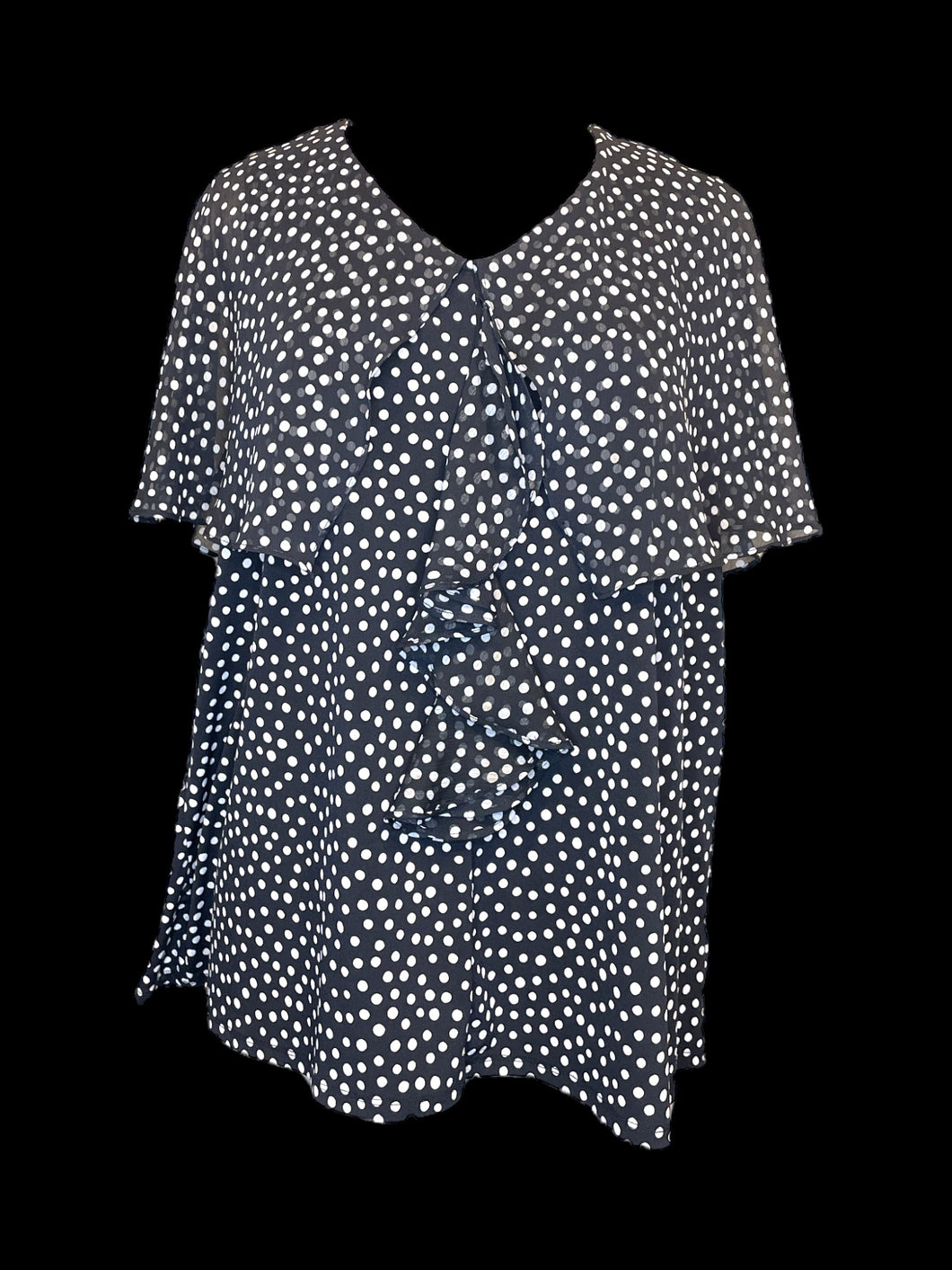 2X Black & white polka dot short cloak sleeve v-neckline top w/ ruffle detail