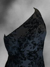 Load image into Gallery viewer, L Black sleeveless one-shoulder dress w/ velvet floral detail, &amp; side zipper closure

