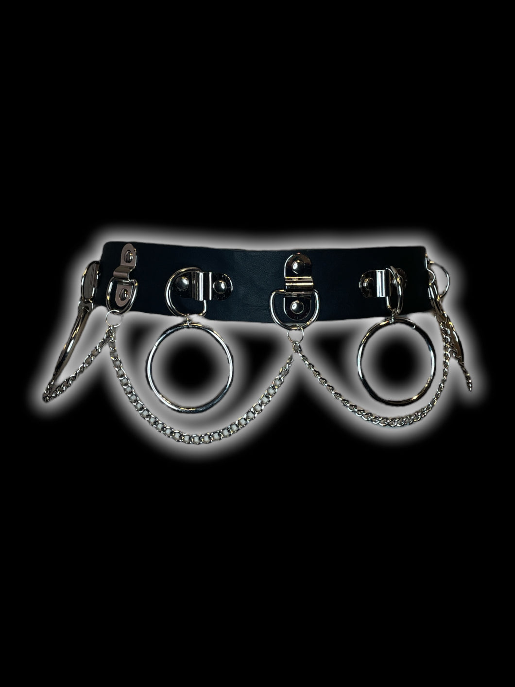 S Black pleather waist belt w/ silver-like chains, d-rings, & o-rings
