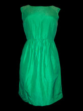 Load image into Gallery viewer, M Green sleeveless a-line dress w/ back slit on hem, satin-like lining, pockets, &amp; clasp/zipper closure
