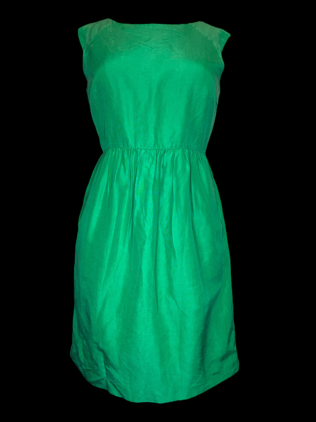 M Green sleeveless a-line dress w/ back slit on hem, satin-like lining, pockets, & clasp/zipper closure