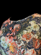Load image into Gallery viewer, L White half-sleeve top w/ multicolor sequin peekaboo floral lace, zipper closure, &amp; white slip
