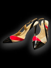 Load image into Gallery viewer, 13W Red, white, &amp; black stiletto shoes w/ clear details, adjustable strap ankles, &amp; pointed toes
