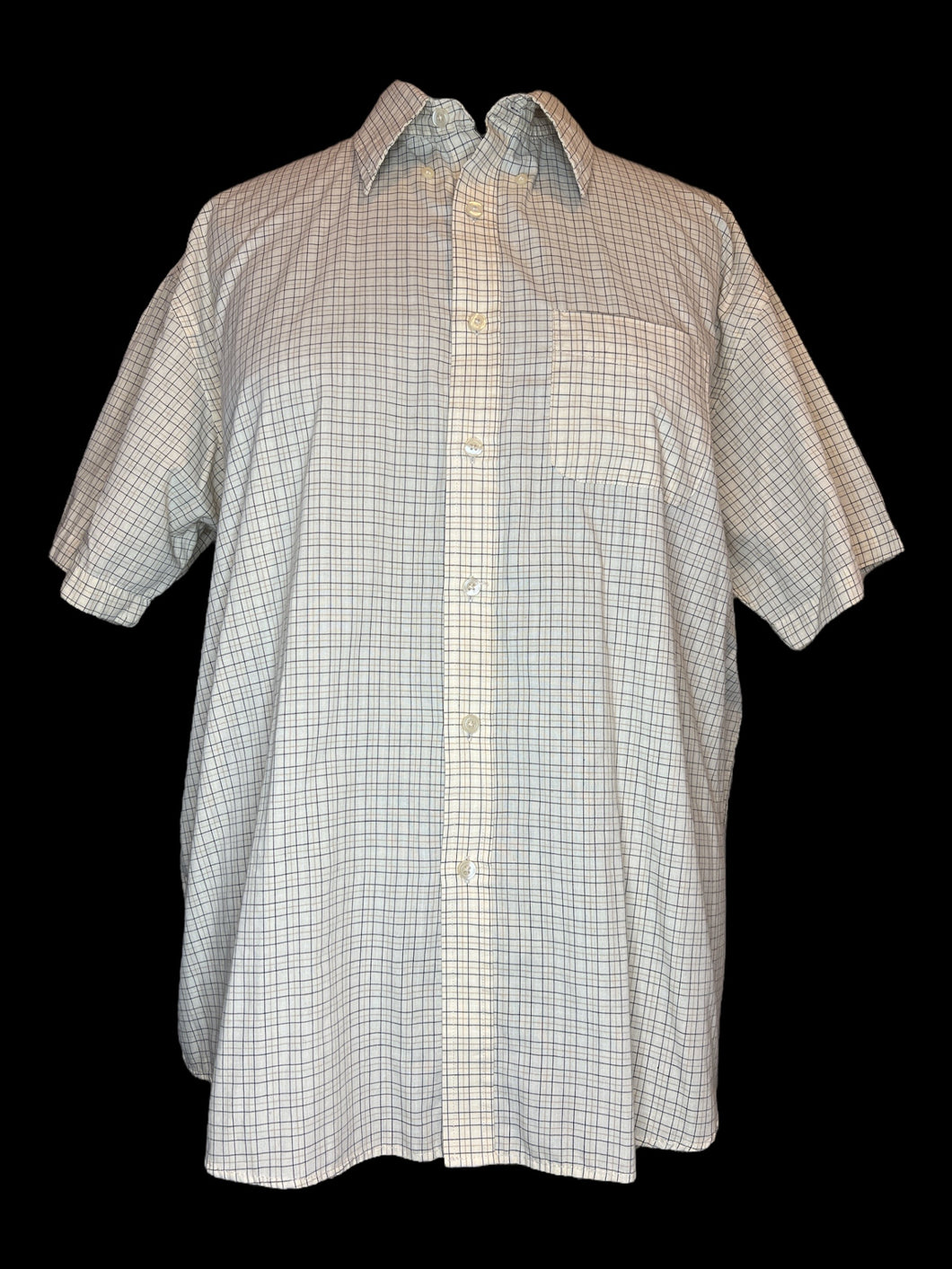 2X Off-white short-sleeve button-up top w/ black & beige check pattern