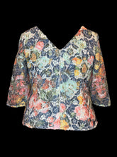 Load image into Gallery viewer, L White half-sleeve top w/ multicolor sequin peekaboo floral lace, zipper closure, &amp; white slip
