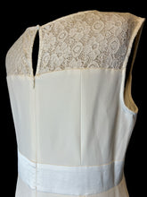 Load image into Gallery viewer, L White sleeveless midi dress w/ lace details, satin-like stripes, &amp; keyhole button/zipper closure
