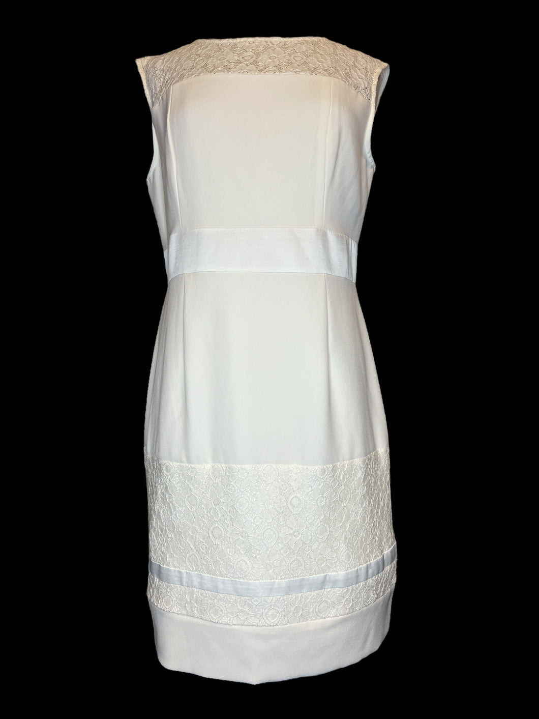 L White sleeveless midi dress w/ lace details, satin-like stripes, & keyhole button/zipper closure