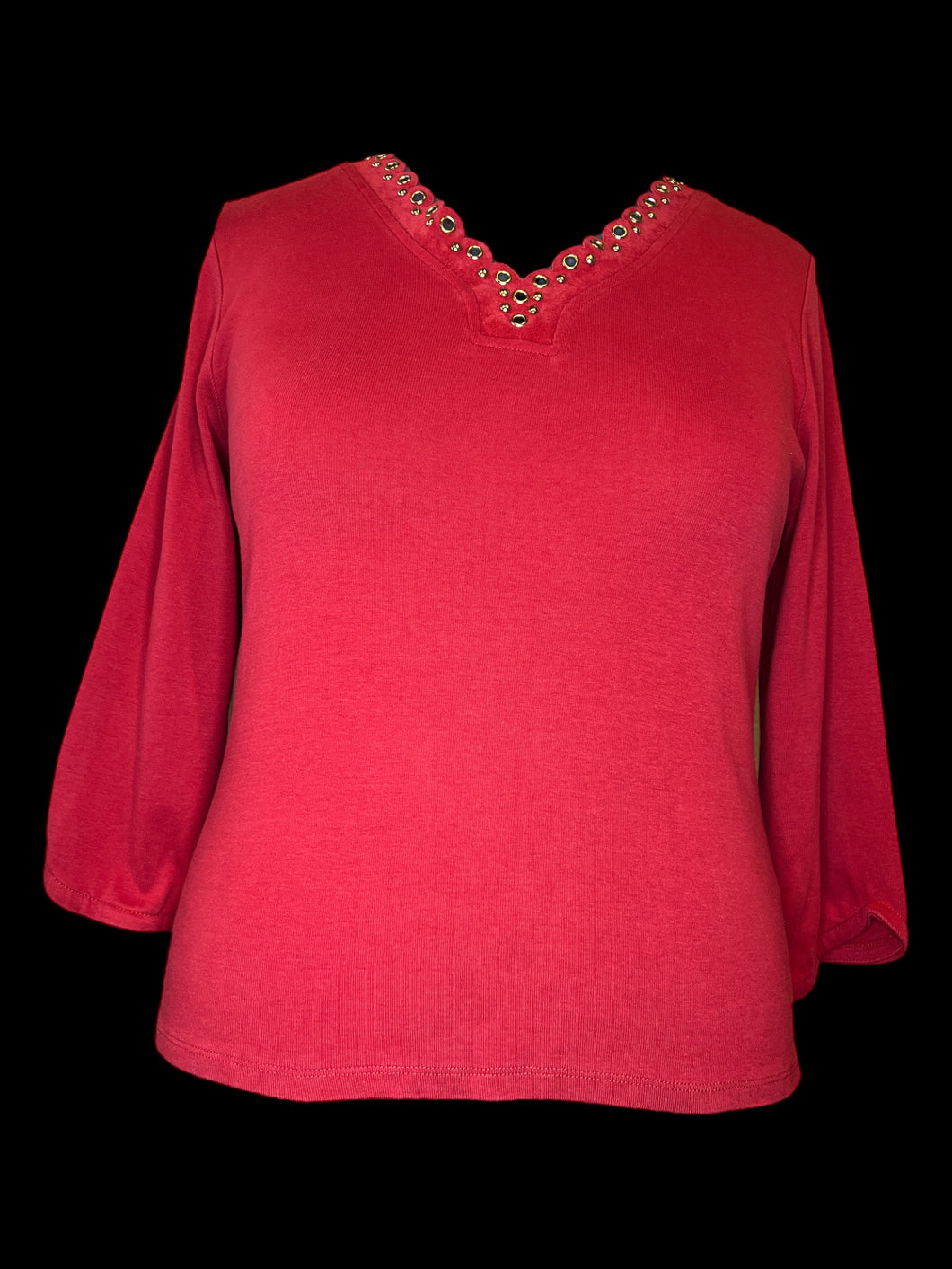 2X Red long sleeve cotton top w/ faux suede scallop neckline w/ gold rivets & studs