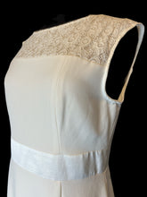 Load image into Gallery viewer, L White sleeveless midi dress w/ lace details, satin-like stripes, &amp; keyhole button/zipper closure
