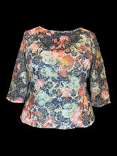 Load image into Gallery viewer, L White half-sleeve top w/ multicolor sequin peekaboo floral lace, zipper closure, &amp; white slip
