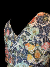 Load image into Gallery viewer, L White half-sleeve top w/ multicolor sequin peekaboo floral lace, zipper closure, &amp; white slip
