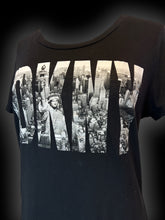 Load image into Gallery viewer, M Black scoop neck top w/ new york skyline &quot;DKNY&quot; graphic
