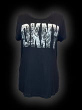 Load image into Gallery viewer, M Black scoop neck top w/ new york skyline &quot;DKNY&quot; graphic
