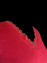Load image into Gallery viewer, 2X Red long sleeve cotton top w/ faux suede scallop neckline w/ gold rivets &amp; studs
