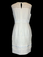 Load image into Gallery viewer, L White sleeveless midi dress w/ lace details, satin-like stripes, &amp; keyhole button/zipper closure
