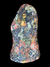 Load image into Gallery viewer, L White half-sleeve top w/ multicolor sequin peekaboo floral lace, zipper closure, &amp; white slip
