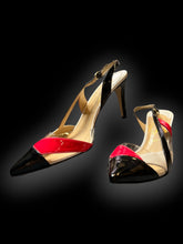 Load image into Gallery viewer, 13W Red, white, &amp; black stiletto shoes w/ clear details, adjustable strap ankles, &amp; pointed toes
