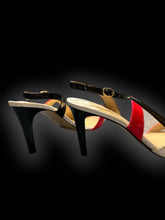 Load image into Gallery viewer, 13W Red, white, &amp; black stiletto shoes w/ clear details, adjustable strap ankles, &amp; pointed toes
