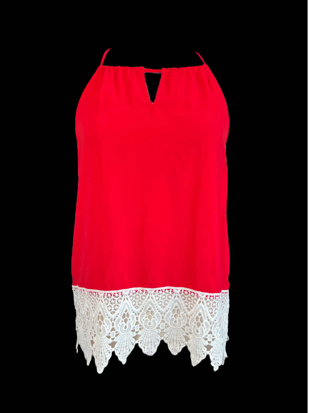 M Red sleeveless halter top w/ white lace back & trim, & tie on back
