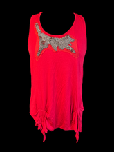 Load image into Gallery viewer, L/XL Red flowy sleeveless top w/ “tiger” designed beading on front, &amp; pleated ruffles on bottom
