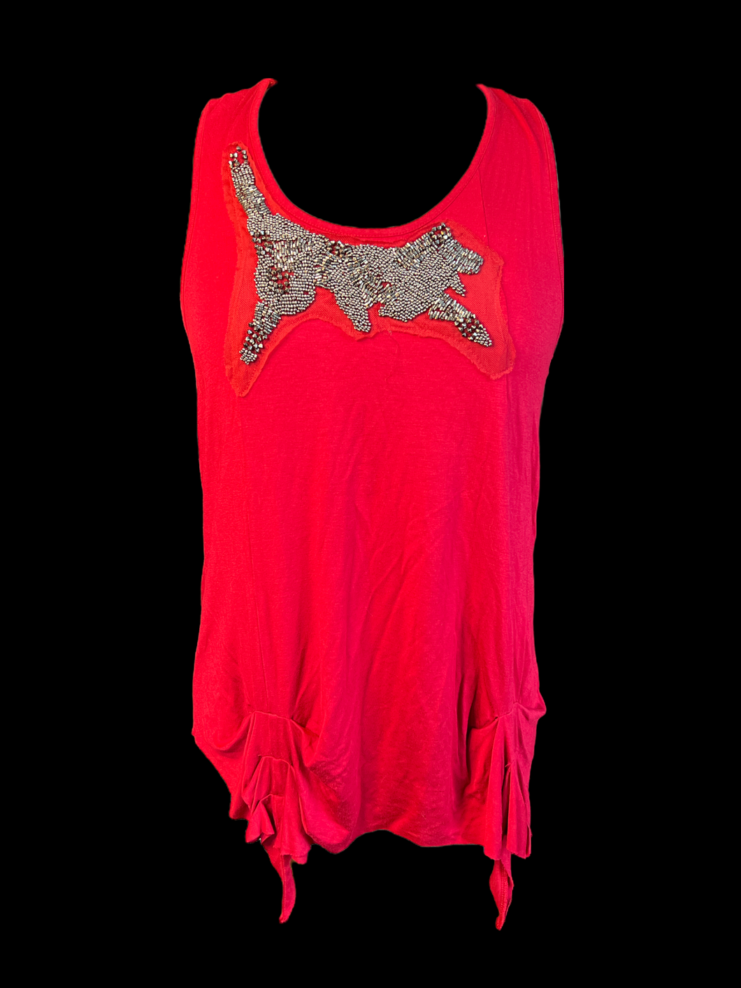 L/XL Red flowy sleeveless top w/ “tiger” designed beading on front, & pleated ruffles on bottom