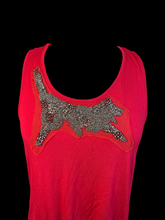 Load image into Gallery viewer, L/XL Red flowy sleeveless top w/ “tiger” designed beading on front, &amp; pleated ruffles on bottom
