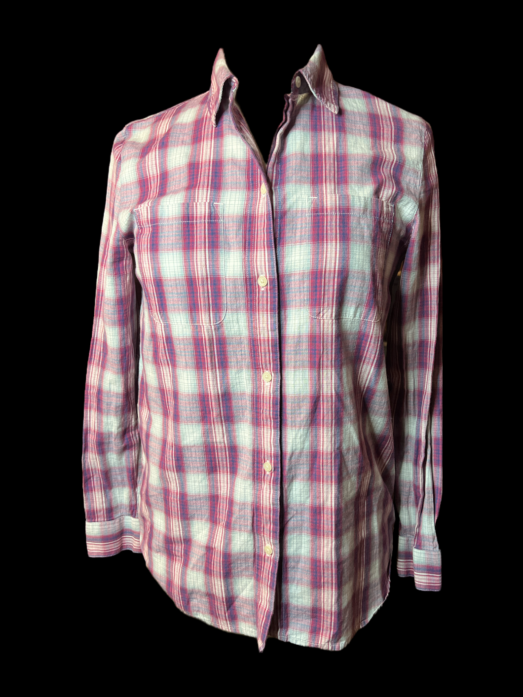 M Pink, blue, grey, & white plaid button down w/ 2 front pockets, & buttoned cuffs