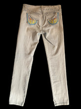 Load image into Gallery viewer, M Light denim skinny jeans w/ embroidered stylized back pockets, bedazzled logo on back, faceted bejeweled studs, &amp; double button/zipper closure
