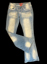 Load image into Gallery viewer, M Blue distressed jeans w/ light wash along legs front &amp; back, gold &amp; white ornate stitching on back pockets , faux whiskers, &amp; zipper button closure
