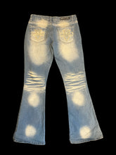 Load image into Gallery viewer, M Blue distressed jeans w/ light wash along legs front &amp; back, gold &amp; white ornate stitching on back pockets , faux whiskers, &amp; zipper button closure
