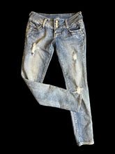 Load image into Gallery viewer, M Blue denim high-waisted distressed jeans w/ lightwash on legs, wide belt loops, pockets, gold &amp; white stitching along waist, &amp; zipper/3 button closure
