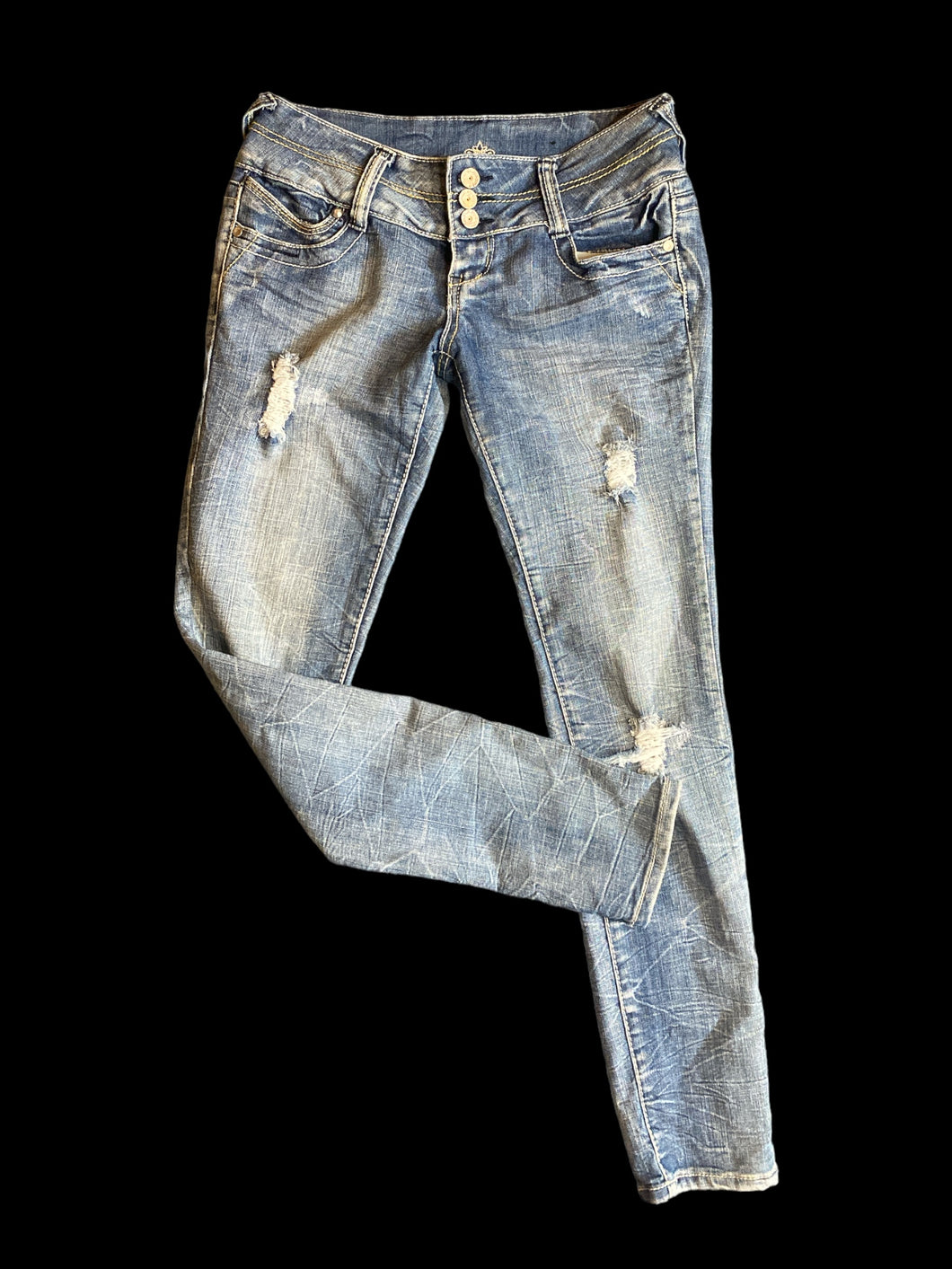 M Blue denim high-waisted distressed jeans w/ lightwash on legs, wide belt loops, pockets, gold & white stitching along waist, & zipper/3 button closure