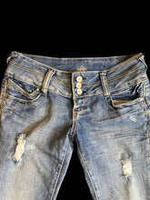 Load image into Gallery viewer, M Blue denim high-waisted distressed jeans w/ lightwash on legs, wide belt loops, pockets, gold &amp; white stitching along waist, &amp; zipper/3 button closure
