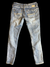 Load image into Gallery viewer, M Blue denim high-waisted distressed jeans w/ lightwash on legs, wide belt loops, pockets, gold &amp; white stitching along waist, &amp; zipper/3 button closure

