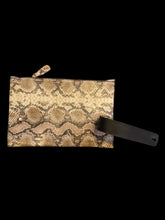 Load image into Gallery viewer, Snakeskin patterned clutch w/ gold-hued hardware, wrist/bag straps, brown interior, &amp; internal pockets
