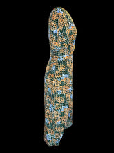 Load image into Gallery viewer, S Multicolor maxi short sleeve dress w/ geometric design, asymmetrical hem, mock tie-up, &amp; zipper
