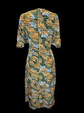 Load image into Gallery viewer, S Multicolor maxi short sleeve dress w/ geometric design, asymmetrical hem, mock tie-up, &amp; zipper
