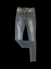 Load image into Gallery viewer, XXS Dark blue denim jeans w/ light yellow stitching, lighter wash on front of legs, pockets, belt loops, &amp; double button/zipper closure
