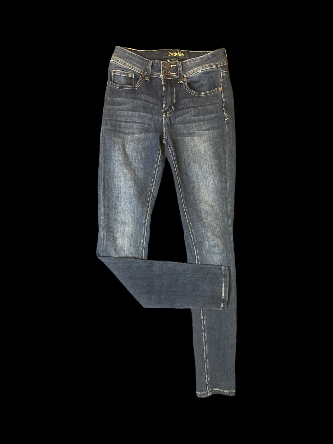 XXS Dark blue denim jeans w/ light yellow stitching, lighter wash on front of legs, pockets, belt loops, & double button/zipper closure