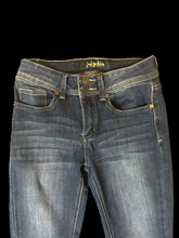 Load image into Gallery viewer, XXS Dark blue denim jeans w/ light yellow stitching, lighter wash on front of legs, pockets, belt loops, &amp; double button/zipper closure
