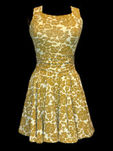 Load image into Gallery viewer, XXS Cream colored dress w/ mustard colored floral pattern, pockets, square neckline, &amp; detachable matching belt

