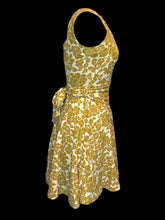 Load image into Gallery viewer, XXS Cream colored dress w/ mustard colored floral pattern, pockets, square neckline, &amp; detachable matching belt
