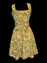 Load image into Gallery viewer, XXS Cream colored dress w/ mustard colored floral pattern, pockets, square neckline, &amp; detachable matching belt
