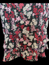 Load image into Gallery viewer, S NWT Black layered midi skirt w/ ruffle hems, colorful botanical pattern, black lining, &amp; back zipper/clasp closure
