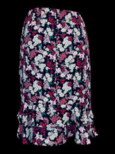 Load image into Gallery viewer, S NWT Black layered midi skirt w/ ruffle hems, colorful botanical pattern, black lining, &amp; back zipper/clasp closure
